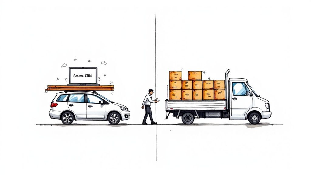 Illustration contrasting a generic CRM system on a car with a delivery truck full of packages.