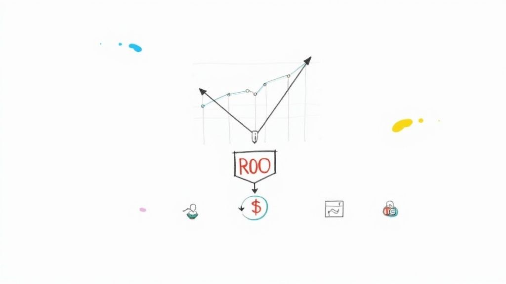 ROI concept diagram showing upward growth chart with dollar sign representing return on investment strategy