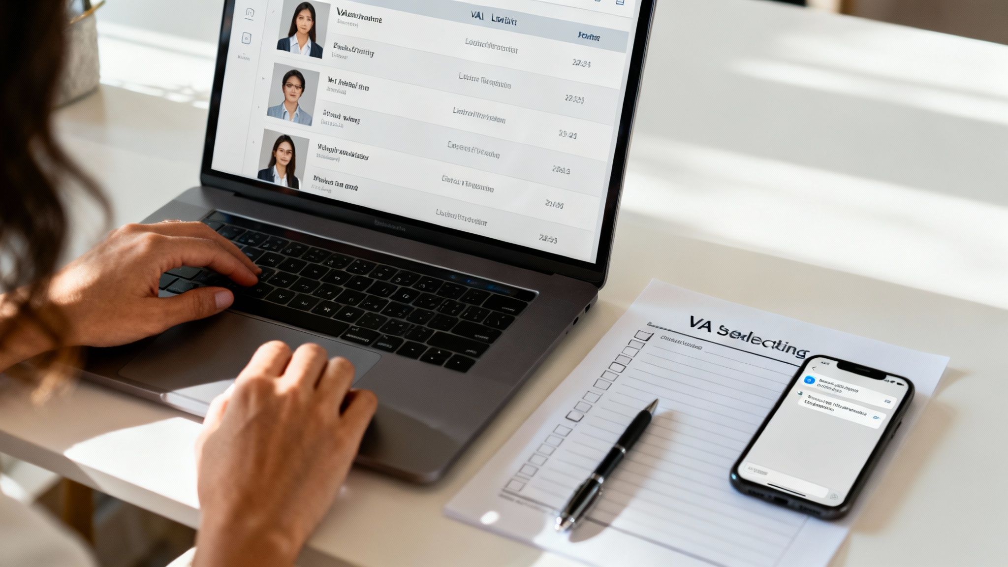 An organised desk setup with a laptop, notebooks, and a cup of coffee, representing a productive virtual assistant's workspace.
