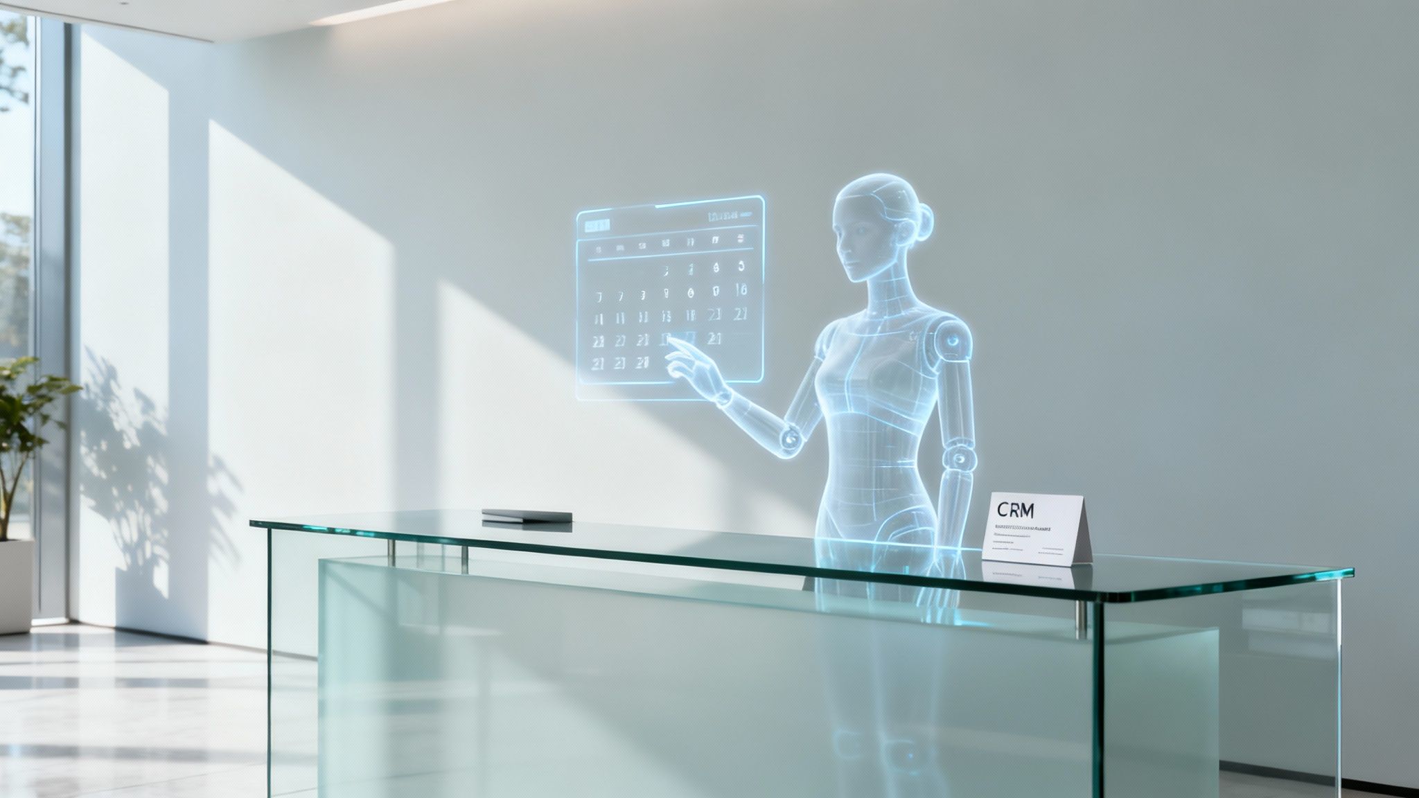 A modern office front desk with a sleek design, symbolising the AI receptionist.