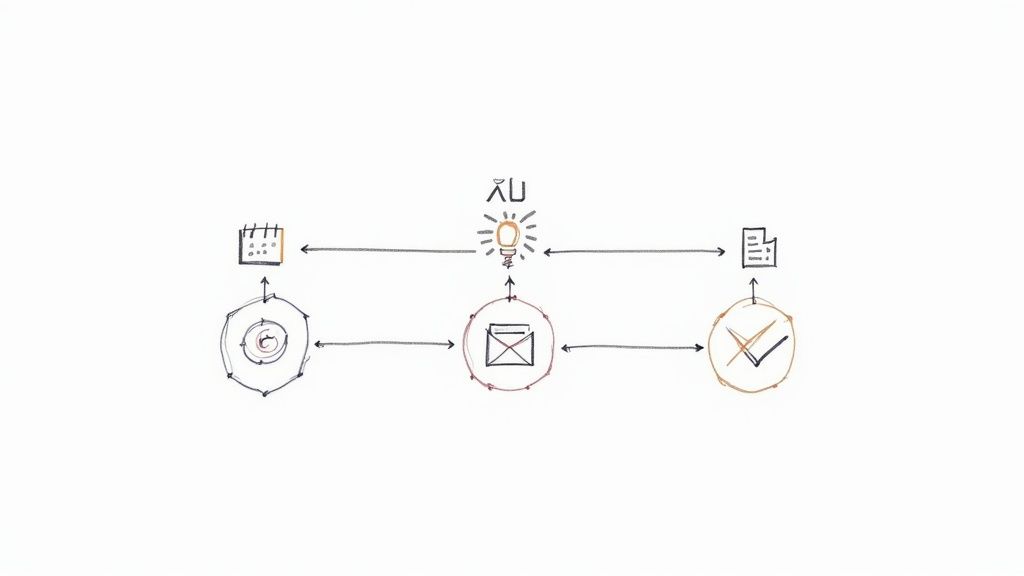 AI personal assistant workflow diagram showing email integration, calendar scheduling, task management, and document organization connections