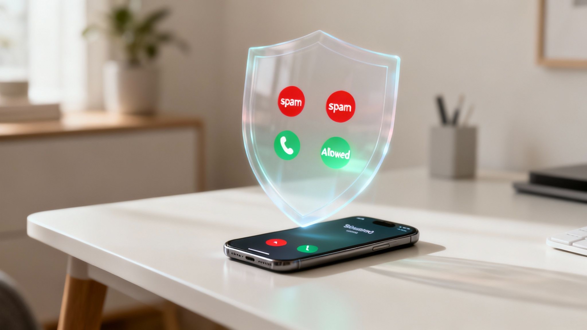 A person smiling while looking at their phone, representing the relief of having calls managed by an AI assistant.