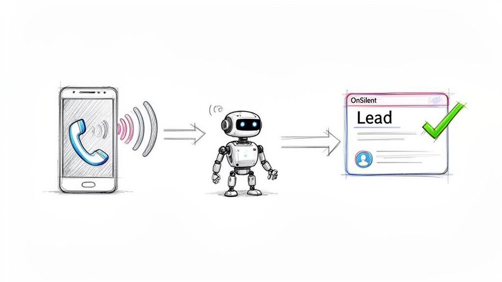 An illustration showing a phone call being processed by a robot, generating a lead in an OnSilent application.