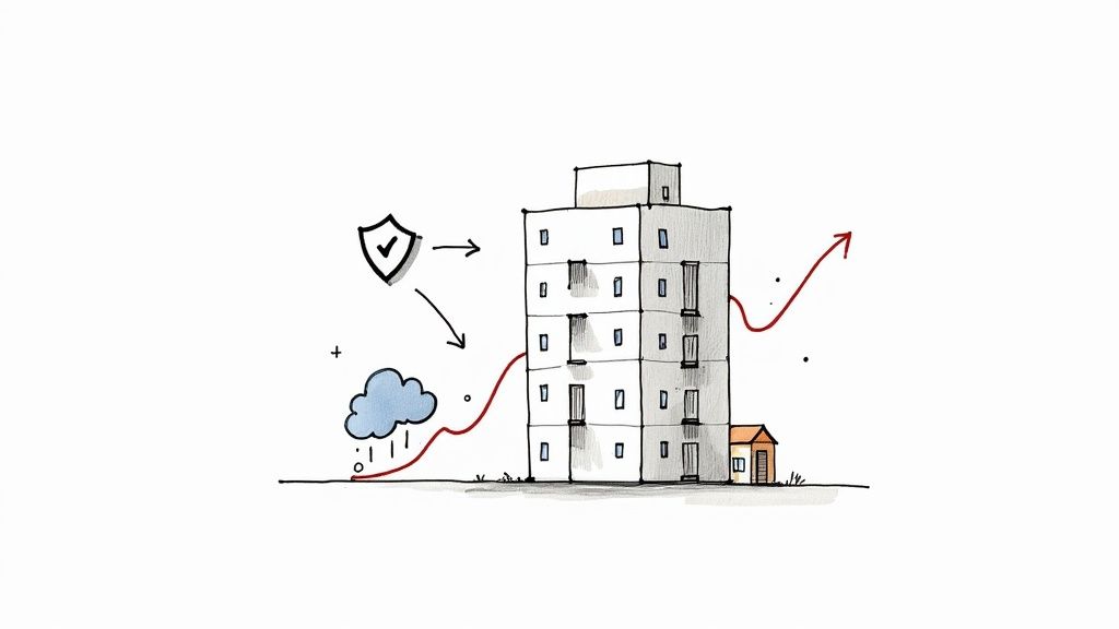 An illustration of a building with a security shield, a rain cloud, and an upward growth arrow.