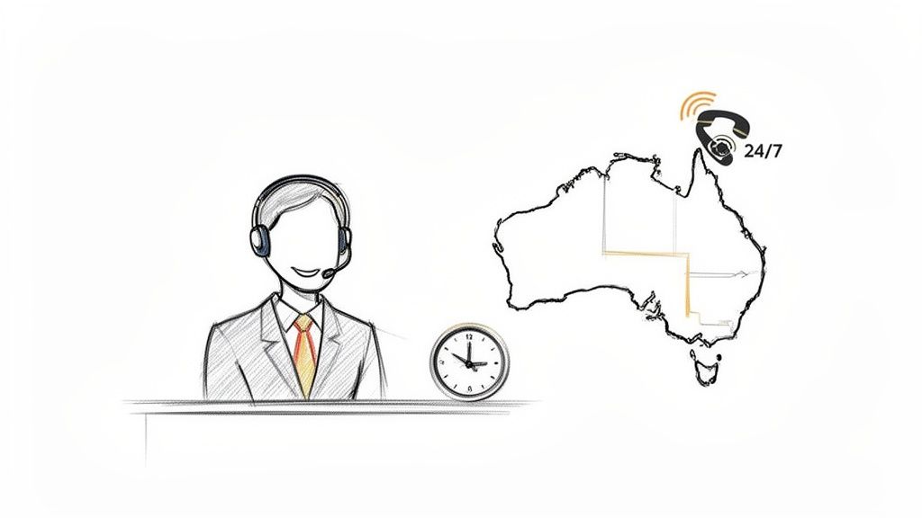 A cartoon customer service agent with a headset and a 24/7 phone service covering Australia.