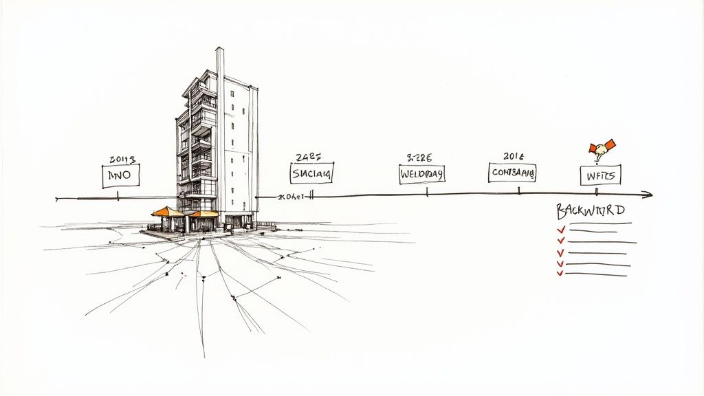 Hand-drawn sketch: a timeline displaying a building, dates, and various project labels.