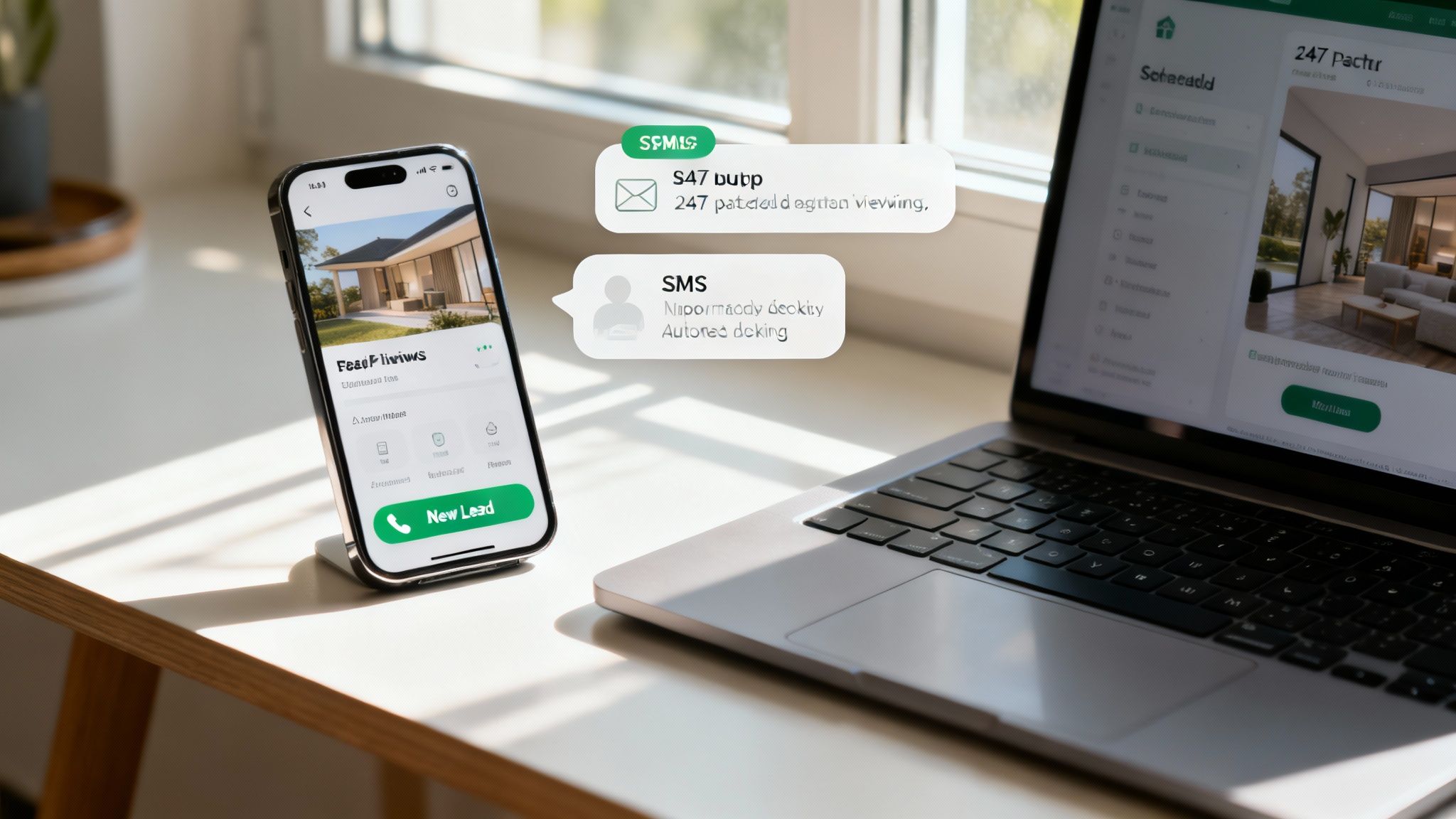 Real estate agent on the phone while looking at a laptop.