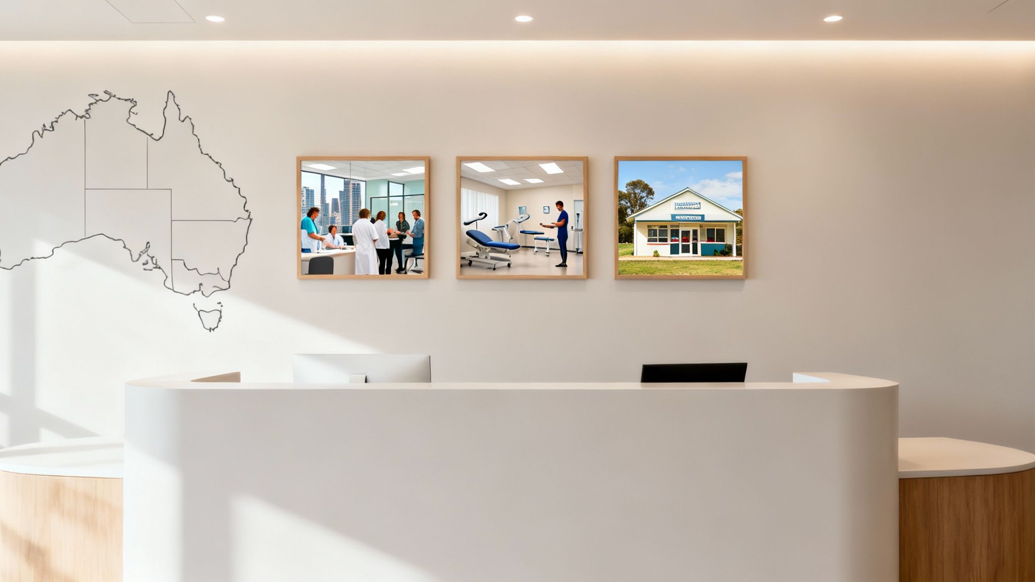 A medical virtual receptionist assists a patient via video call in a modern Australian clinic setting.