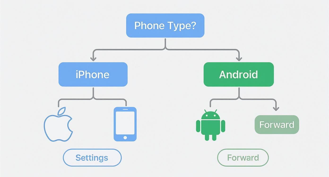 Flowchart illustrating phone type decision: iPhone directs to settings, Android directs to forward.