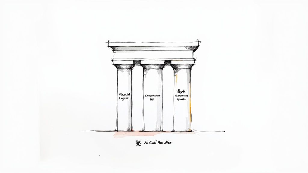 A sketch illustrating an AI call handler supported by three pillars: Financial Engine, Conversation Hub, and Automatic Guardian.