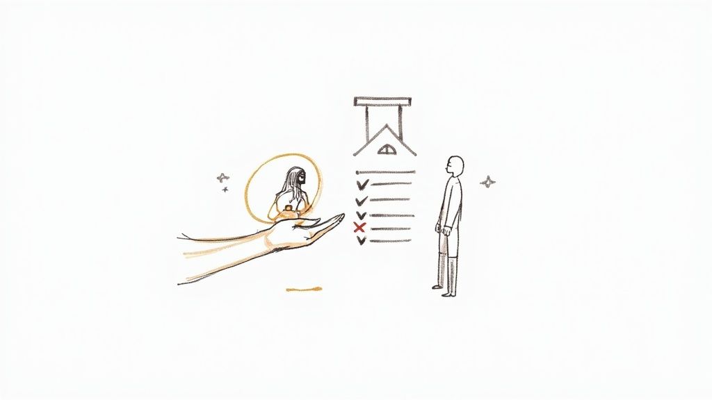 A hand presents a haloed figure to a person beside a church icon and checklist with a red X.