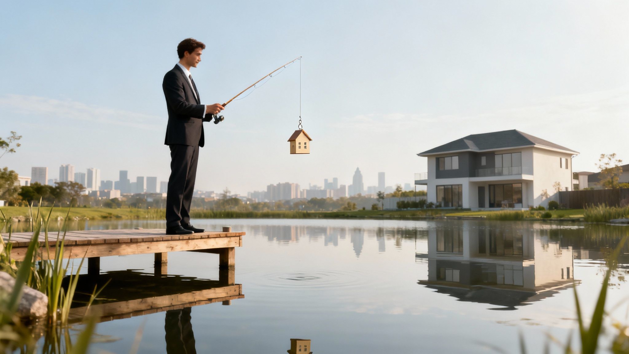 A real estate agent talking to a couple in front of a modern house, illustrating a successful client interaction