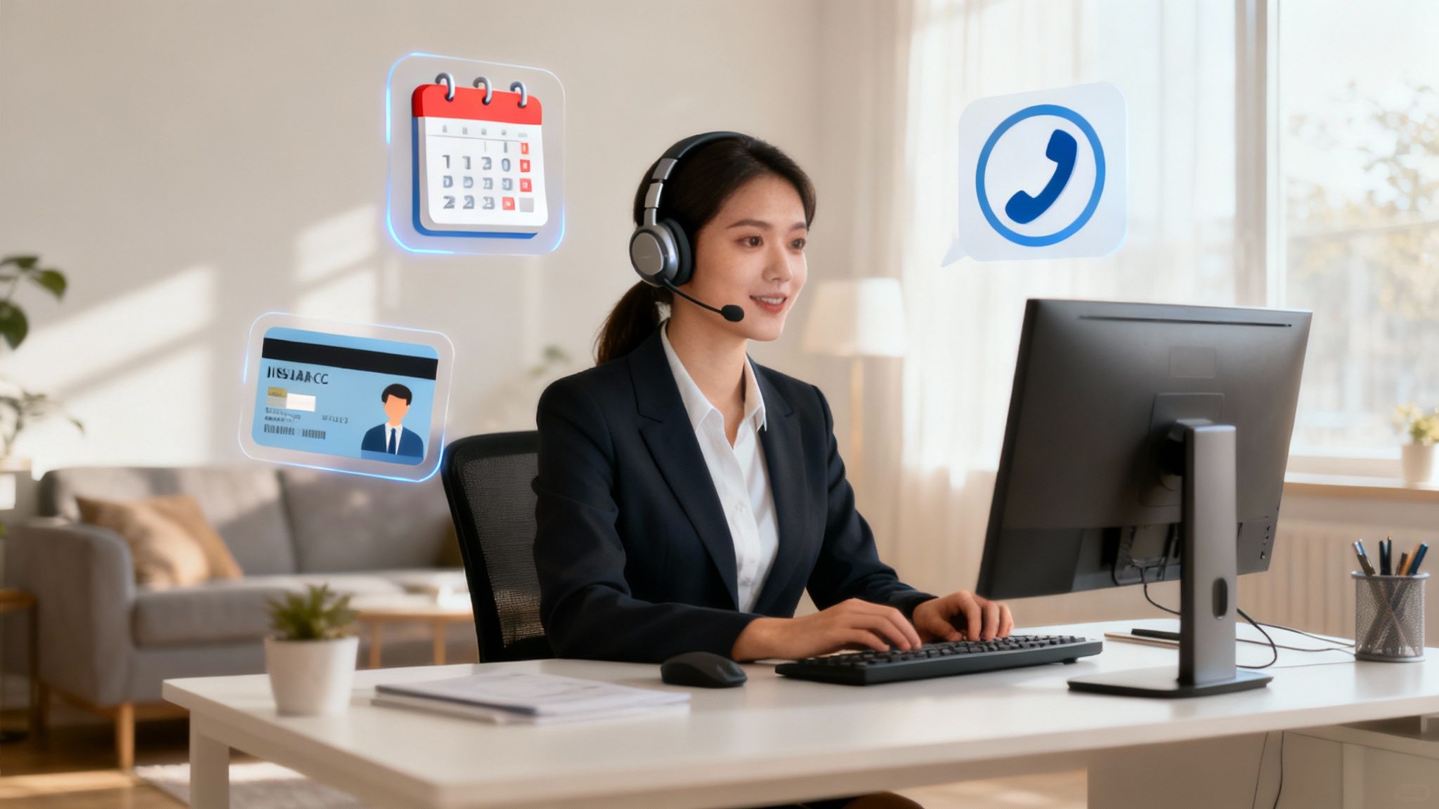 A professional virtual medical receptionist working on a computer.