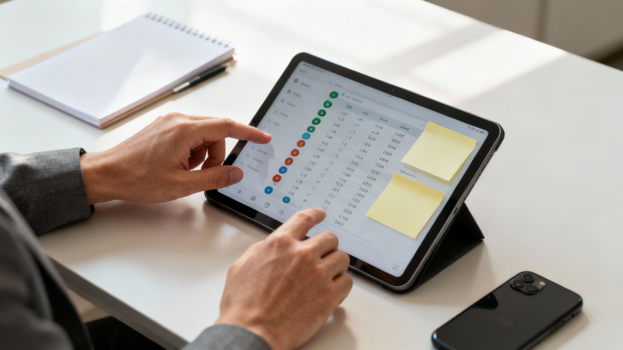 A person at a desk strategically planning their business needs for an AI virtual receptionist.
