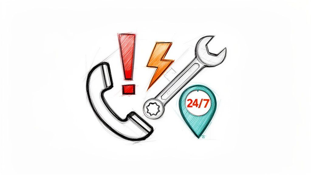 Sketches of a phone, exclamation, lightning bolt, wrench, and 24/7 service location pin.
