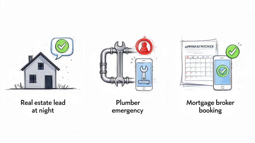 Illustrations showing after-hours business solutions for real estate, plumbing emergencies, and mortgage bookings.