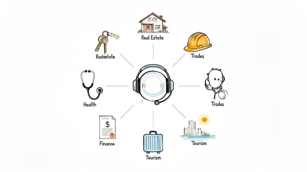 Virtual receptionist headset connecting diverse industries like real estate, health, finance, trades, and tourism.