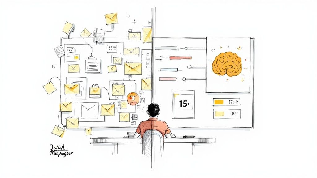 A person at a desk faces a large screen depicting an overwhelming number of emails, data, and a brain.