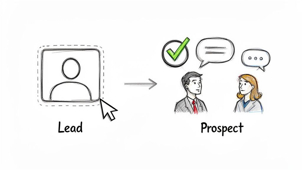 A diagram depicting the sales process, moving from a lead to an engaged and qualified prospect.