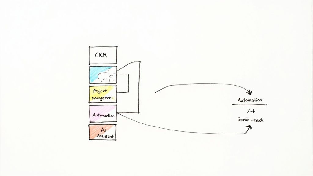 Hand-drawn diagram illustrating the integration of CRM, project management, and AI assistant with automation.