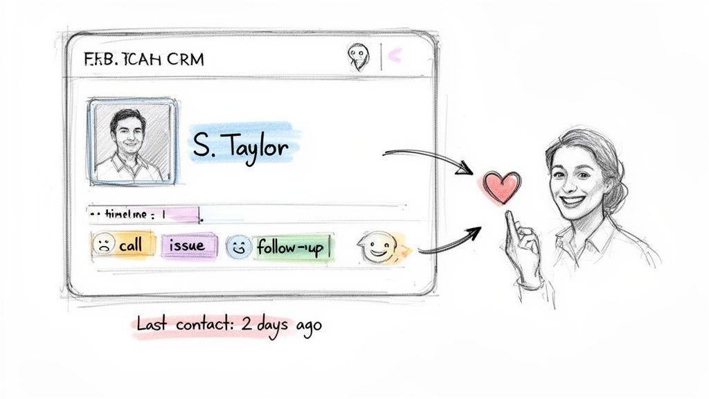 CRM interface showing customer S. Taylor, with follow-up options, leading to a happy customer and positive interaction.