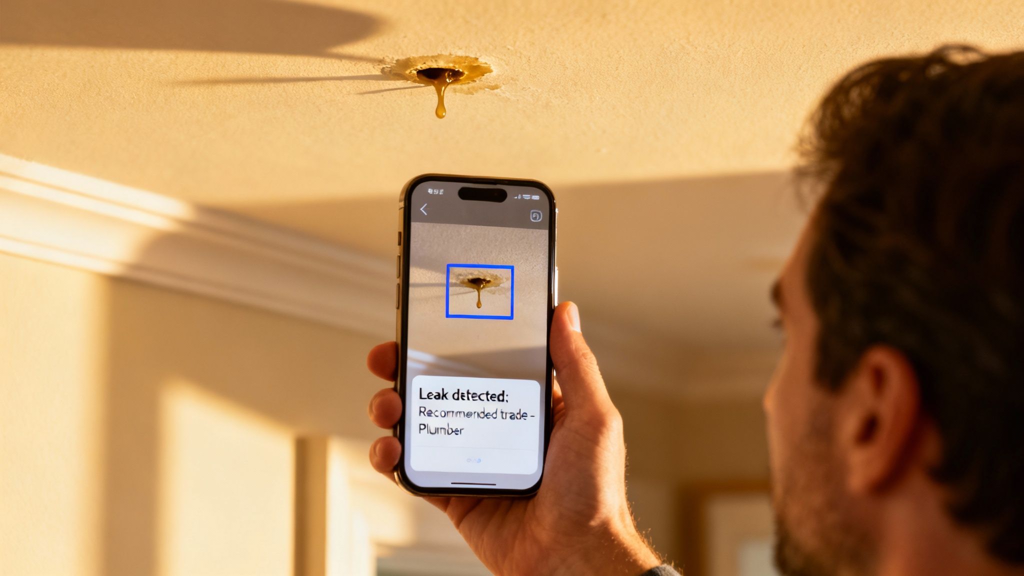 Property manager using a tablet with AI analytics overlayed on a modern apartment building