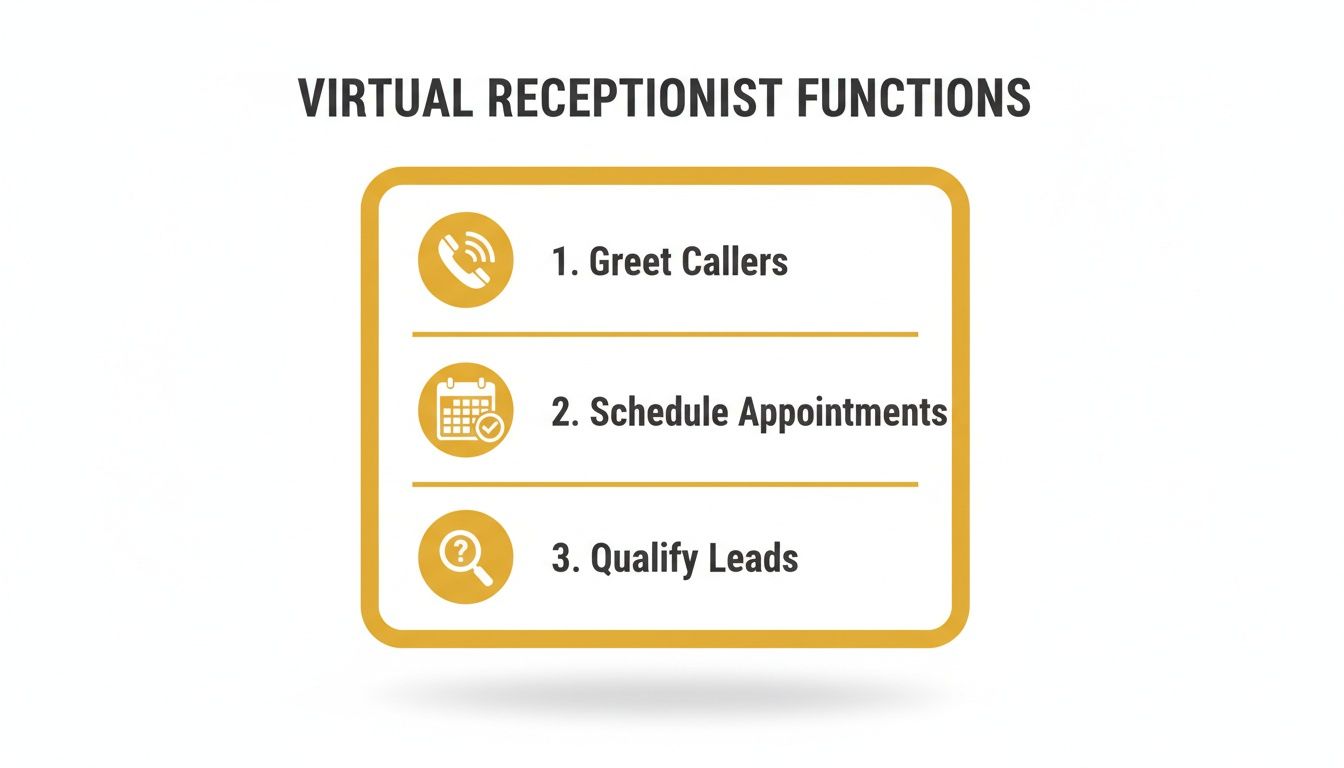 A list of virtual receptionist functions with icons: greet callers, schedule appointments, and qualify leads.