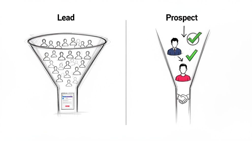 Illustration distinguishing leads from prospects in a sales funnel, showing qualification process.