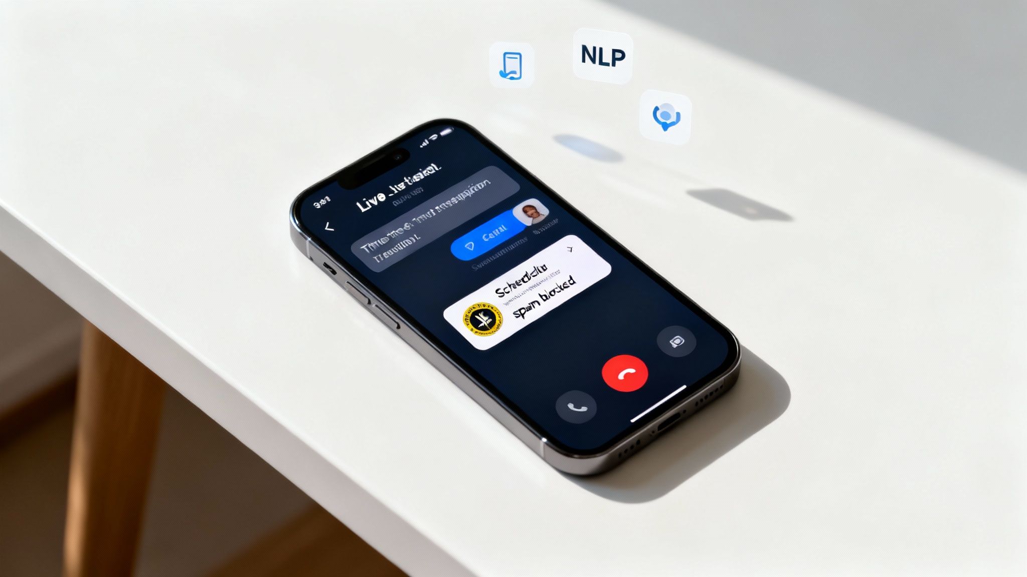 A close-up of a smartphone screen showing an AI voice call assistant's interface with a call transcript and summary.