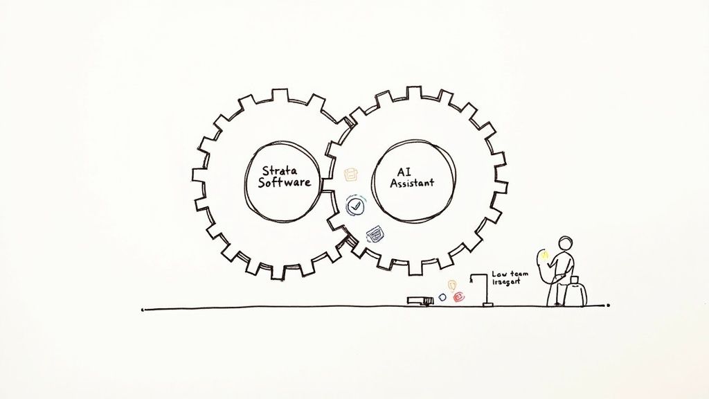 Two interlocking gears containing Strata Software and AI Assistant working together for property management