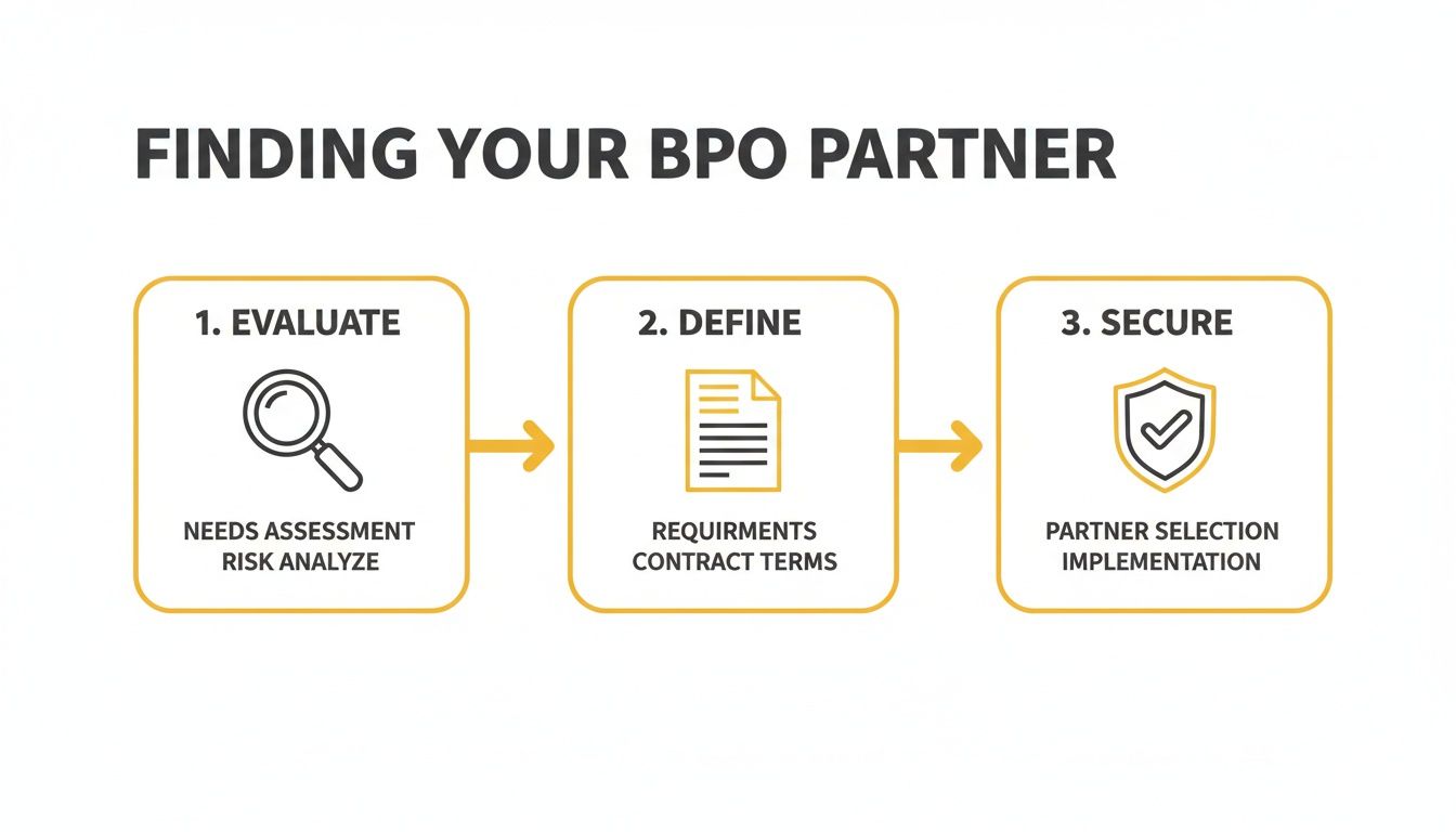 A 3-step process diagram for finding a BPO partner: evaluate needs, define requirements, and secure the partner.