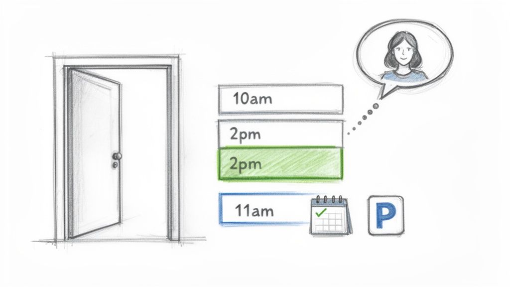Illustration of appointment scheduling with an open door, time options, a woman, and a confirmed 11 am slot.