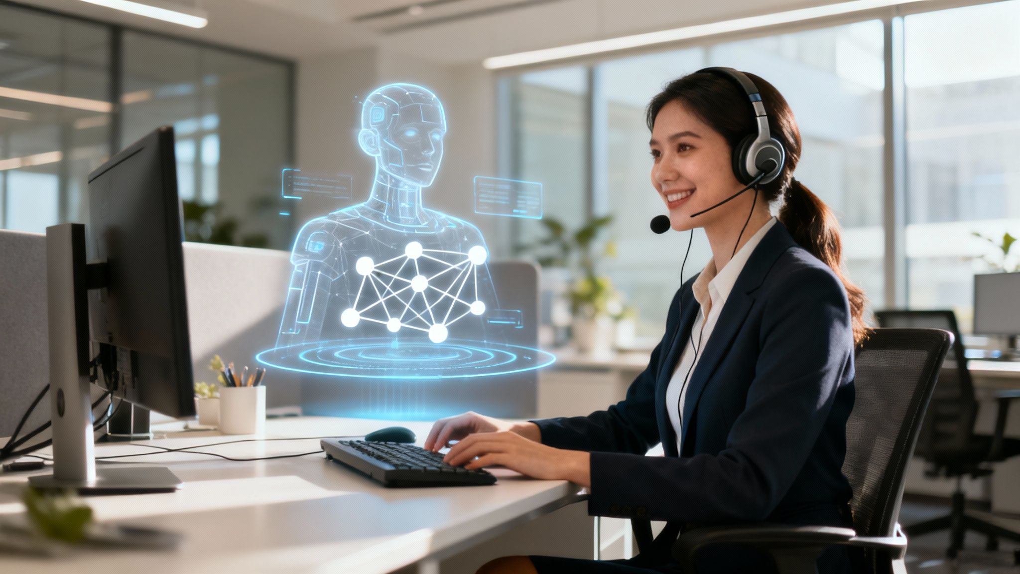 An illustration showing a human receptionist working alongside a glowing AI icon, symbolising collaboration.