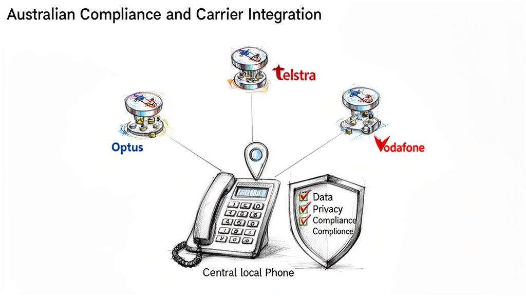 Diagram of Australian telecom integration: Telstra, Optus, Vodafone connect to a central phone, ensuring data and privacy compliance.
