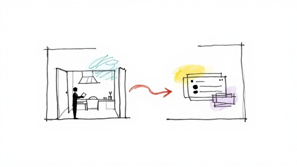 Illustration showing a person in a physical office transitioning to virtual digital documents.