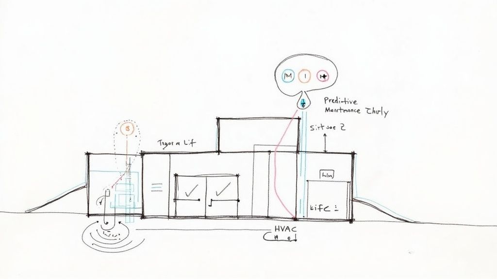 Conceptual sketch of a smart building illustrating predictive maintenance, HVAC, and various internal systems.