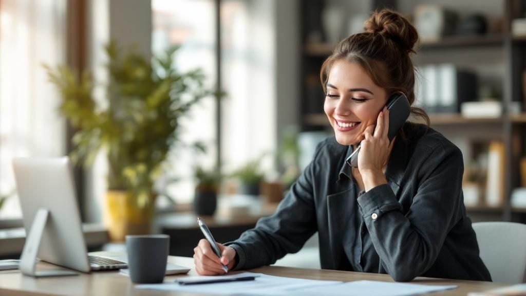 A calm professional listens intently on the phone with a pen and notepad, ready to handle a difficult call.