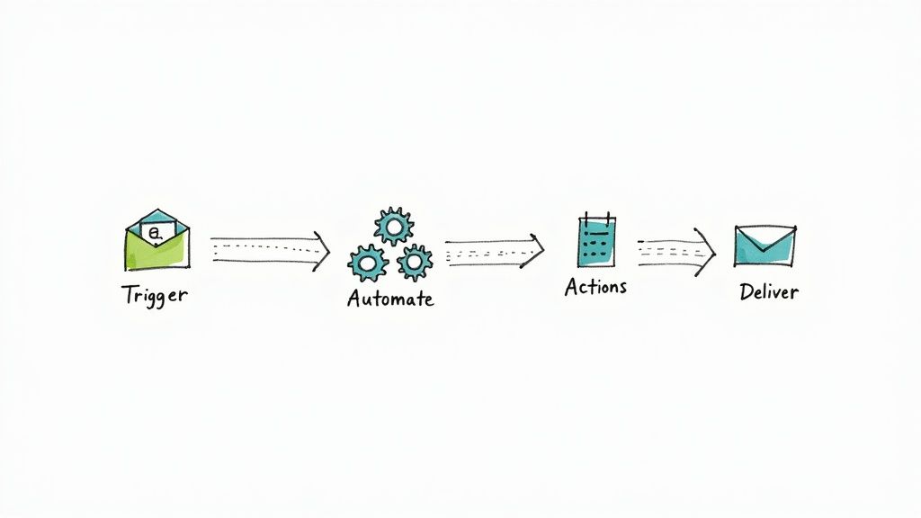 A hand-drawn diagram illustrating an email automation workflow with steps: Trigger, Automate, Actions, Deliver.