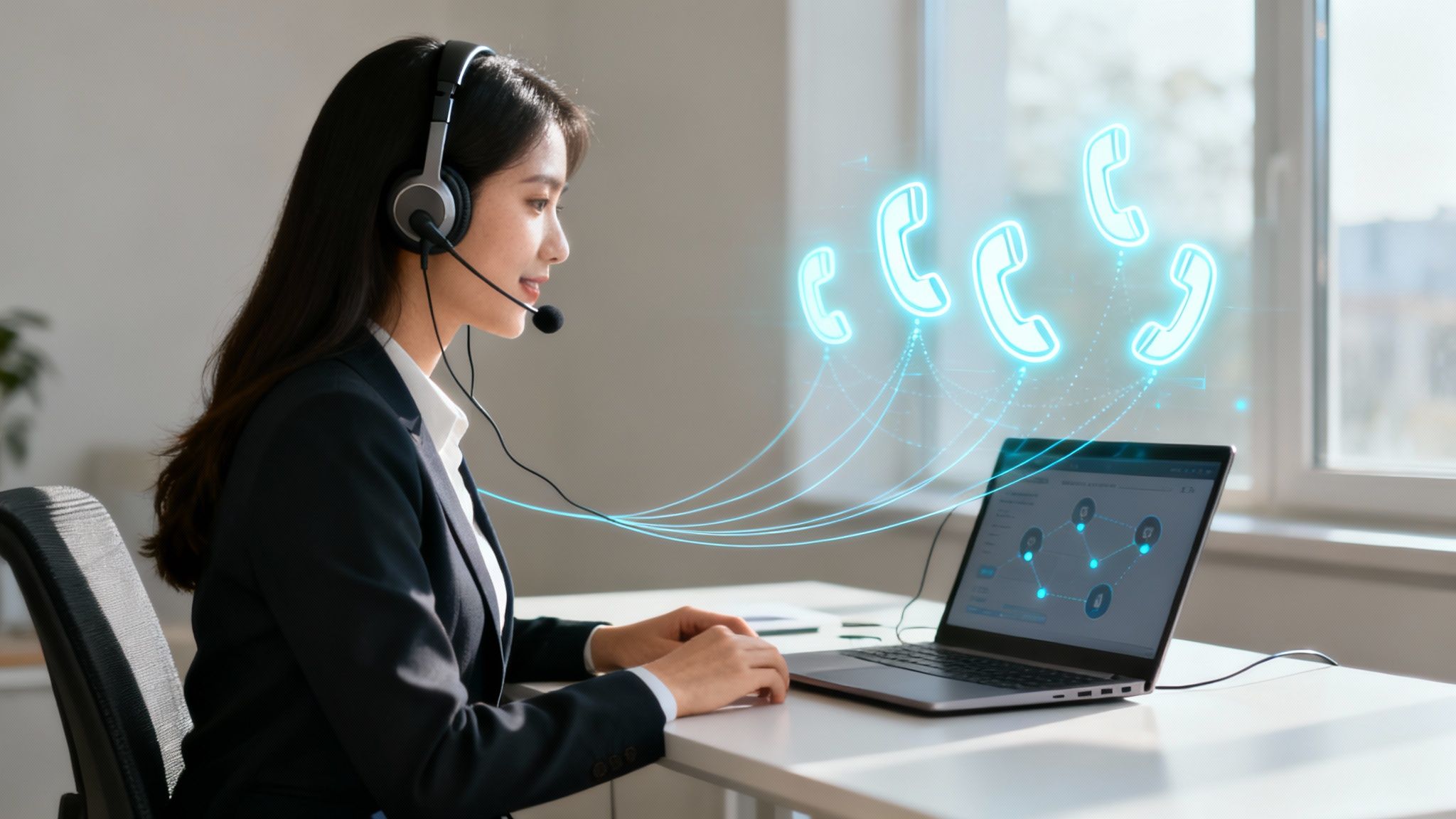 A professional receptionist with a headset smiling as she answers a call in a modern office.