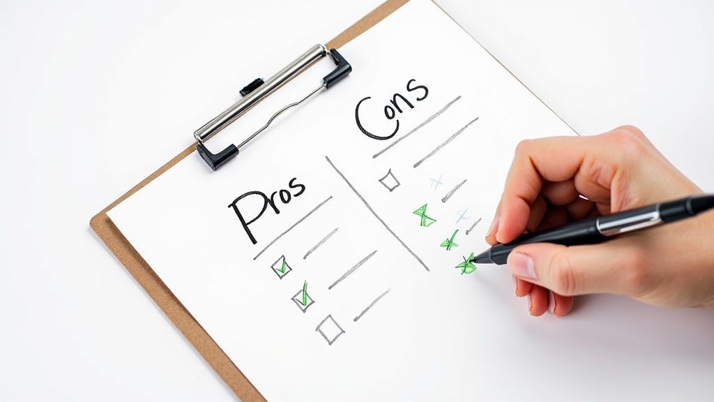 A hand uses a pen to mark a checklist on a paper titled Pros and Cons.