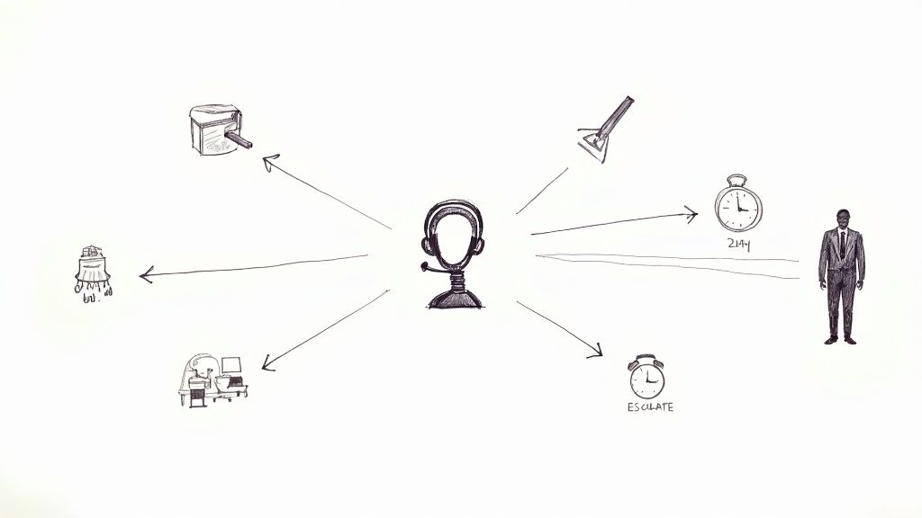 Diagram showing an AI assistant (headset icon) coordinating tasks, timelines, and escalations with various stakeholders and systems.