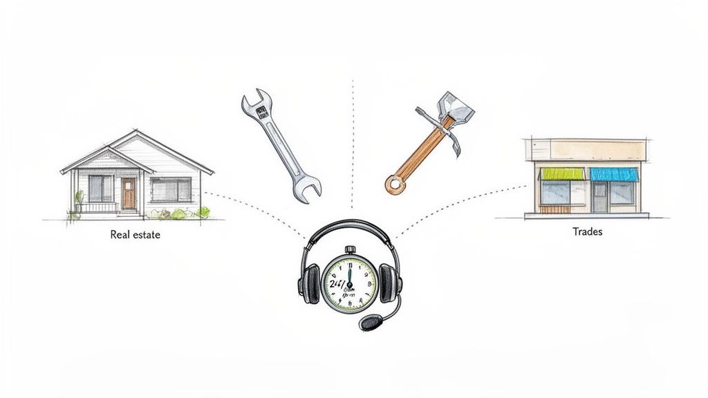 Customer service headset connecting real estate, trades (tools), and small businesses 24/7.