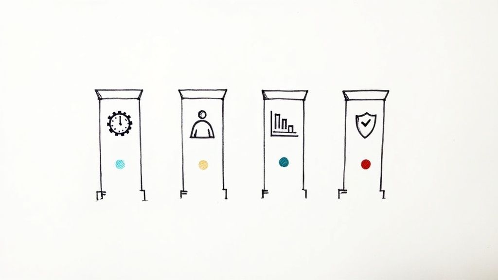 Four vertical banners showing icons for automation, user profile, analytics chart, and security shield with colored dots