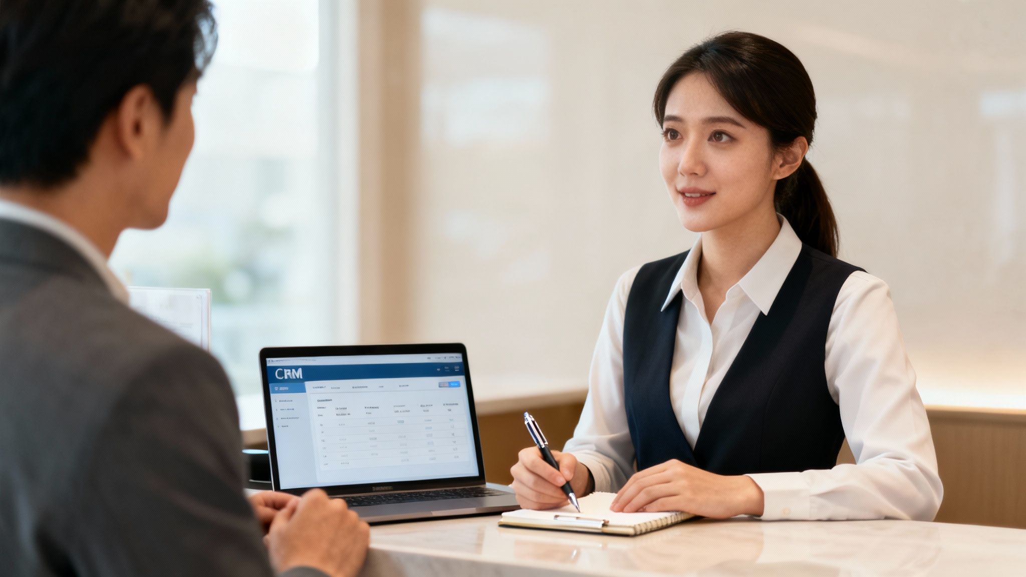 A receptionist with a headset on smiles while typing on a laptop.