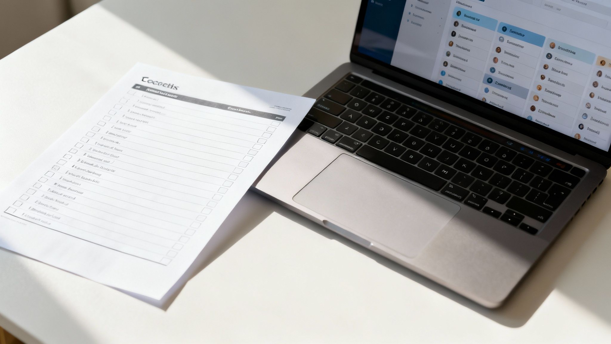 A person organises a checklist on a digital tablet, symbolising the planning phase of an automated call campaign.
