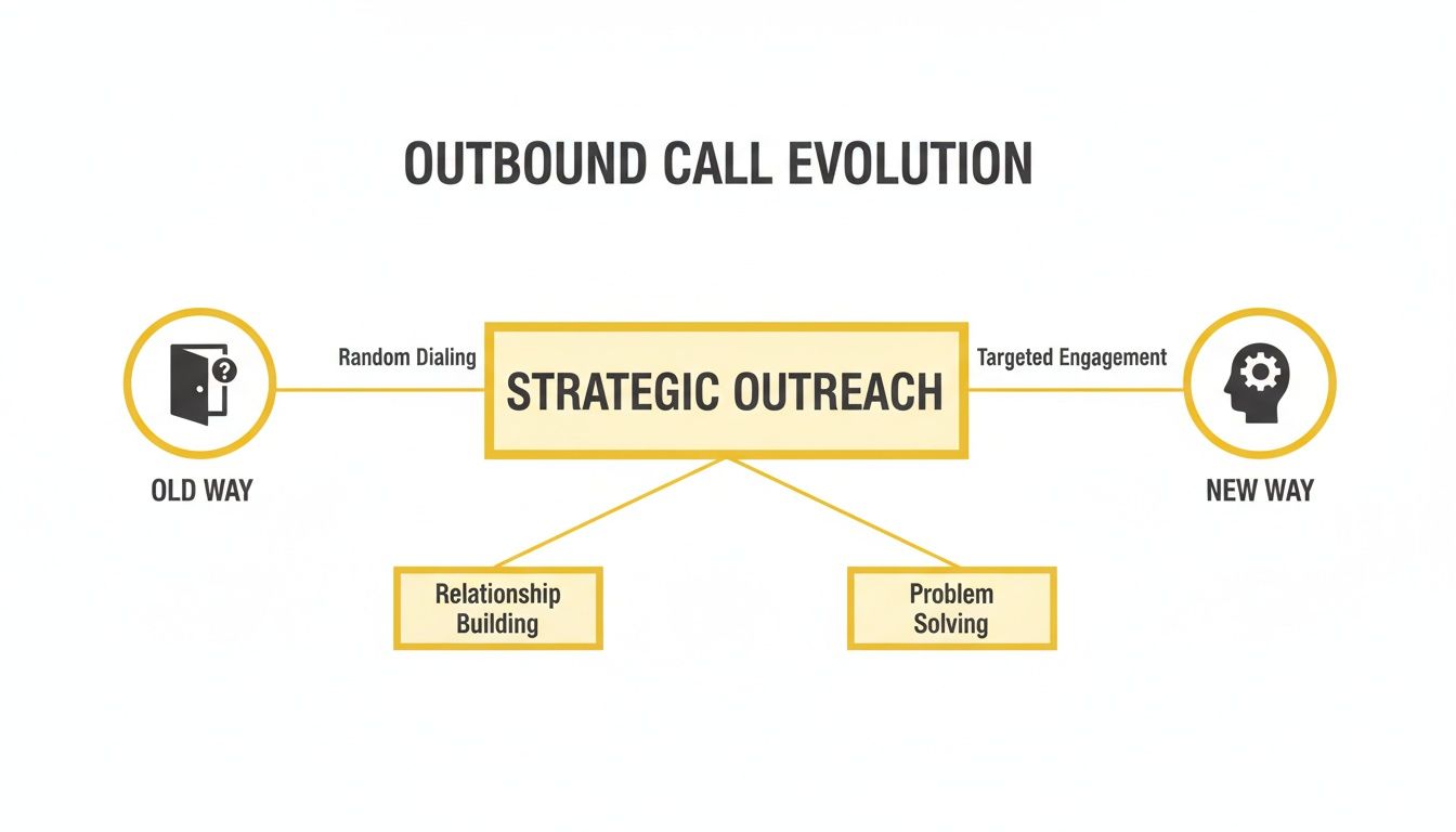 Outbound call evolution diagram: old way (random dialing) to new way (strategic outreach, relationship building, problem solving).
