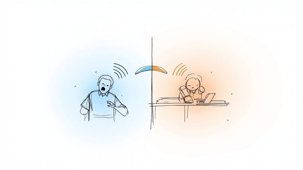 Illustration showing a loud mobile user and a calm, focused landline user with a redirect symbol.