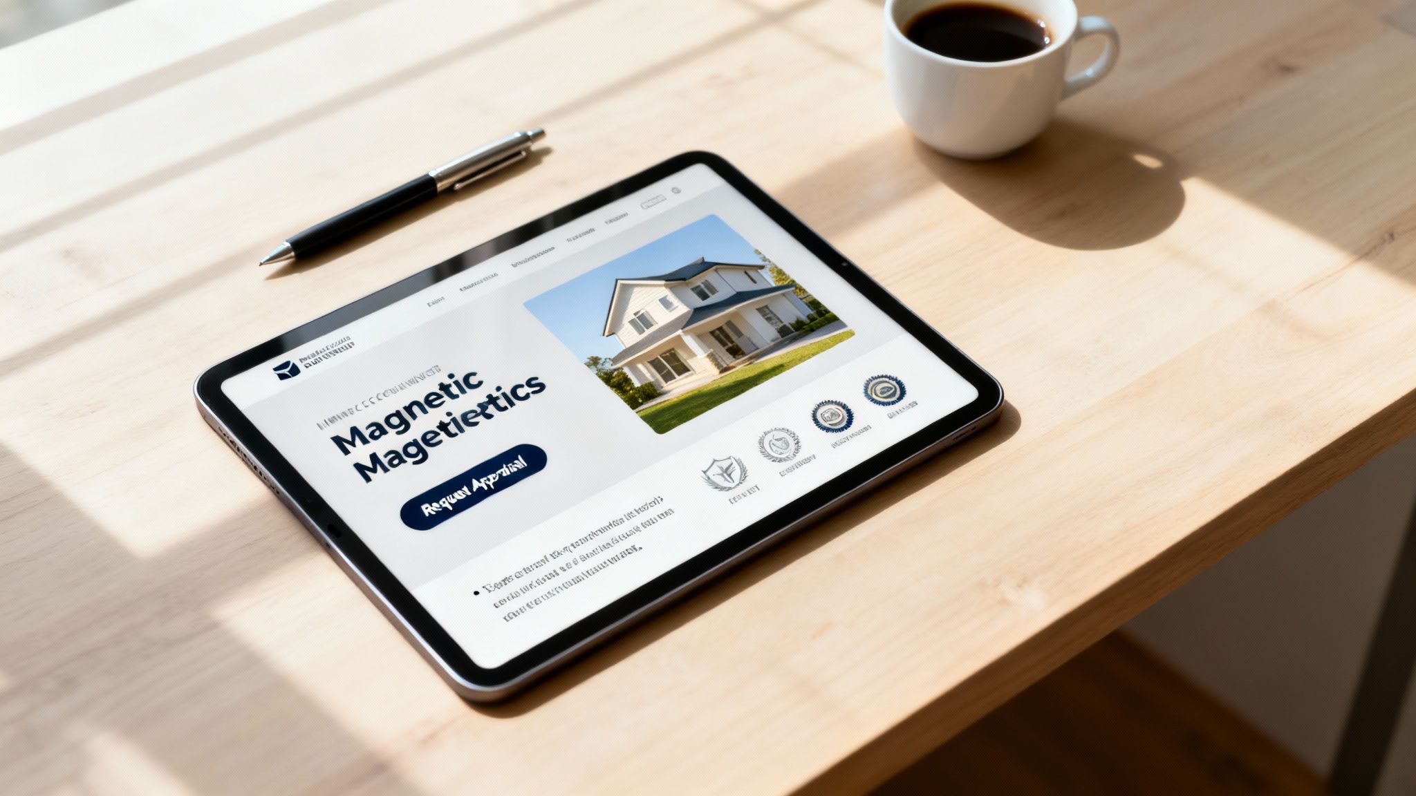 A real estate landing page on a laptop screen, showing a clear call-to-action to download a suburb guide.