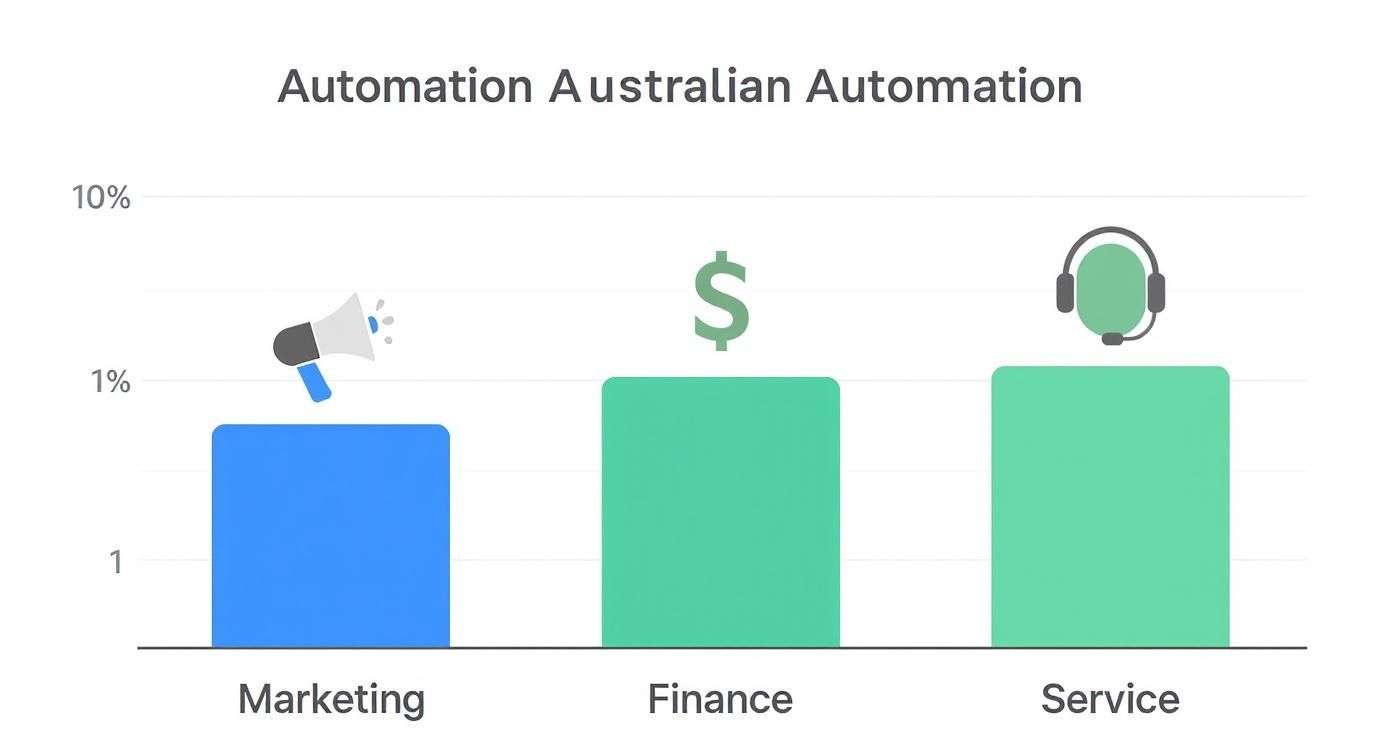 Infographic showing a horizontal bar chart of automation adoption in Australia, with icons for Marketing, Finance, and Customer Service.