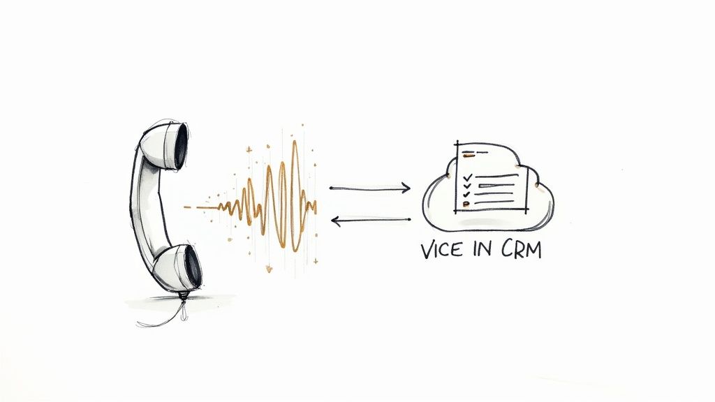 Illustration of voice data from a phone call flowing into and out of a CRM cloud system.